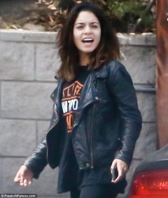 Biker gal: Vanessa Hudgens rocked a black leather motorcycle jacket and Harley-Davidson T-shirt while stepping out on Friday in Los Angeles