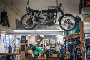 Manx Norton hanging in the Langlitz Leathers shop